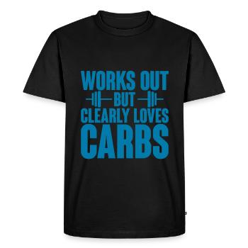 Works Out But Clearly Loves Carbs 3 - Men's Premium Organic T-Shirt - black - Front - Nico (187cm)