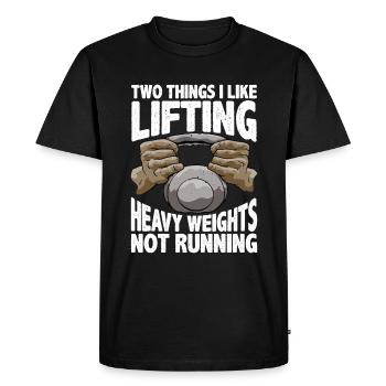 Deux choses que j’aime, soulever des charges lourdes, ne pas courir 5 - T-shirt Premium bio Homme - noir - Devant - Nico (187cm)