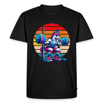 Licorne arc-en-ciel accroupie dans la salle de sport - T-shirt Premium bio Homme - noir - Devant - Nico (187cm)