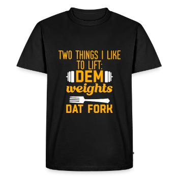 deux choses que j’aime soulever, les poids, la fourchette 2 - T-shirt Premium bio Homme - noir - Devant - Nico (187cm)