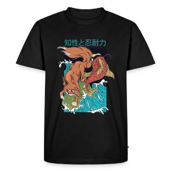 Renard et poisson au Japon - T-shirt Premium bio Homme - noir - Devant - Nico (187cm)