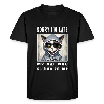 Désolé d’être en retard, mon chat était assis sur moi - T-shirt Premium bio Homme - noir - Devant - Nico (187cm)