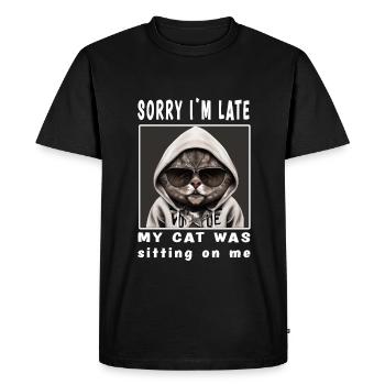 Désolé d’être en retard, mon chat était assis sur moi - T-shirt Premium bio Homme - noir - Devant - Nico (187cm)