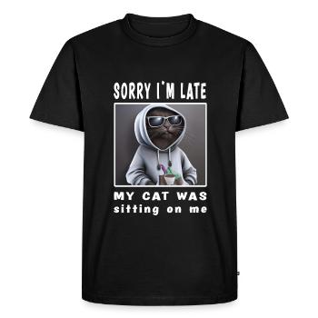 Désolé d’être en retard, mon chat était assis sur moi - T-shirt Premium bio Homme - noir - Devant - Nico (187cm)