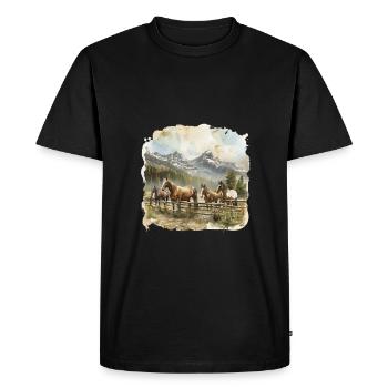 Horses in Front of Mountain Landscape Painting - Men's Premium Organic T-Shirt - black - Front - Nico (187cm)