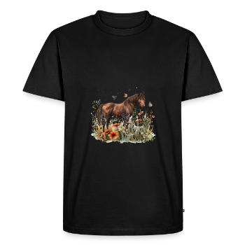 Cheval brun dans un champ de fleurs avec des papillons - T-shirt Premium bio Homme - noir - Devant - Nico (187cm)