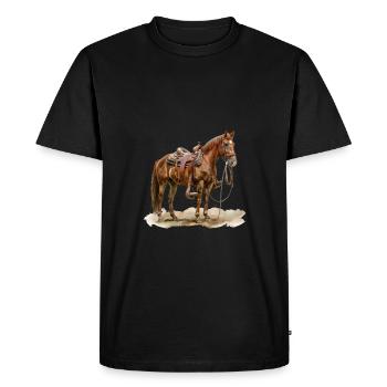 Brown horse with saddle outdoors - Men's Premium Organic T-Shirt - black - Front - Nico (187cm)