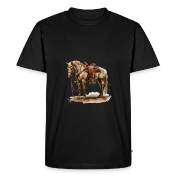 Western Riding Horse in Brown Saddle - Men's Premium Organic T-Shirt - black - Front - Nico (187cm)