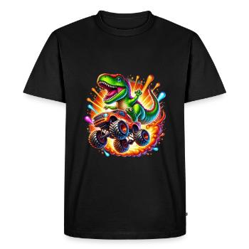 Adventurous dinosaur on monster truck - Men's Premium Organic T-Shirt - black - Front - Nico (187cm)