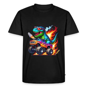Adventurous dinosaur on monster truck - Men's Premium Organic T-Shirt - black - Front - Nico (187cm)