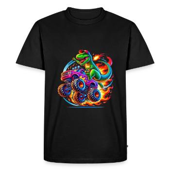 Adventurous dinosaur on monster truck - Men's Premium Organic T-Shirt - black - Front - Nico (187cm)