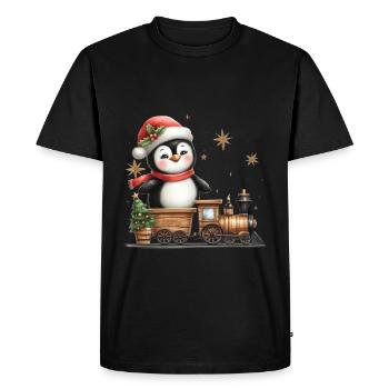 Merry Christmas penguin with steam locomotive - Men's Premium Organic T-Shirt - black - Front - Nico (187cm)