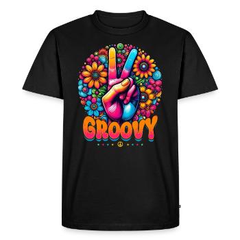 Signe De Paix & De Paix, Groovy, Fleurs - T-shirt Premium bio Homme - noir - Devant - Nico (187cm)