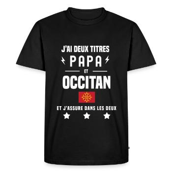 j'ai deux titres papa et occitan drapeau - T-shirt Premium bio Homme - noir - Devant - Nico (187cm)