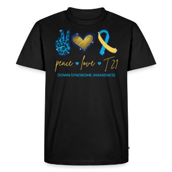 Peace Love T21 - Down Syndrome Awareness I - T-shirt Premium bio Homme - noir - Devant - Nico (187cm)