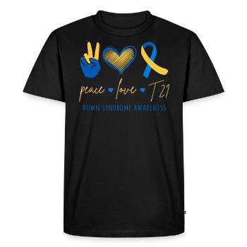 Peace Love T21 - Down Syndrome Awareness II - T-shirt Premium bio Homme - noir - Devant - Nico (187cm)