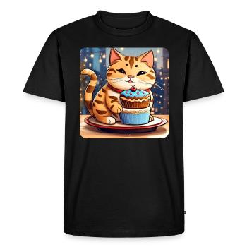 Gros chat mignon avec cupcake - T-shirt Premium bio Homme - noir - Devant - Nico (187cm)