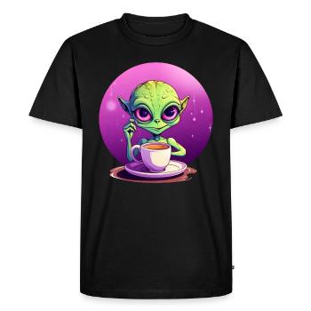 Midnight Coffee: The Green Alien Drinker - Men's Premium Organic T-Shirt - black - Front - Nico (187cm)