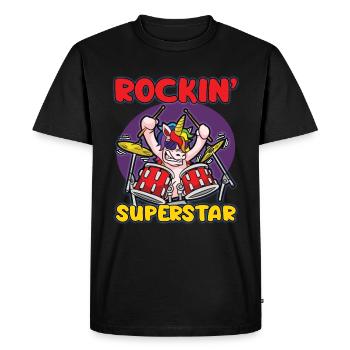 Humour de batteur de licorne rocker ROCKIN SUPERSTAR - T-shirt Premium bio Homme - noir - Devant - Nico (187cm)