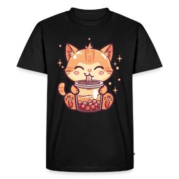 Chat boit du thé à bulles - T-shirt Premium bio Homme - noir - Devant - Nico (187cm)