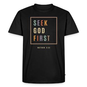 Conseils spirituels - Cherchez Dieu d’abord Matthieu 6:33 - T-shirt Premium bio Homme - noir - Devant - Nico (187cm)