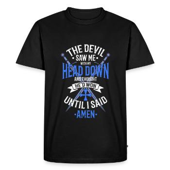Le diable m'a vu avec ma tête blanche / bleue - T-shirt Premium bio Homme - noir - Devant - Nico (187cm)