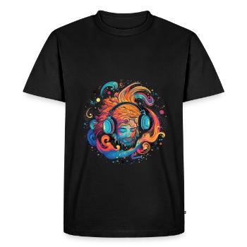 Homme avec des écouteurs, écoutant de la musique - T-shirt Premium bio Homme - noir - Devant - Nico (187cm)