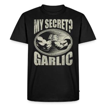 Mon secret? Bras de fer à l'ail - T-shirt Premium bio Homme - noir - Devant - Nico (187cm)