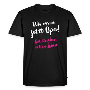 Wir essen jetzt Opa - Satzzeichen retten Leben - Männer Premium Bio T-Shirt - Schwarz - Vorne - Nico (187cm)