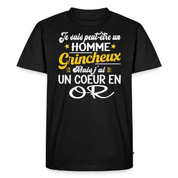 Grincheux grognon coeur en or. Cadeau homme humour - T-shirt Premium bio Homme - noir - Devant - Nico (187cm)