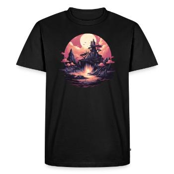 nature, sun, birds, castle, mountain, tree, water, landscape - Men's Premium Organic T-Shirt - black - Front - Nico (187cm)