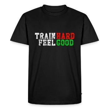 Train Hard Feel Good - Men's Premium Organic T-Shirt - black - Front - Nico (187cm)