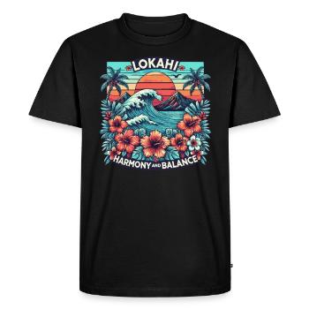 Lokahi - Hawaiian Wave & Sunset Harmony Design - Men's Premium Organic T-Shirt - black - Front - Nico (187cm)