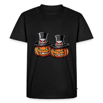 Deux citrouilles d’Halloween souriantes avec des chapeaux haut-de-forme - T-shirt Premium bio Homme - noir - Devant - Nico (187cm)