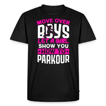 Déplacez-vous sur les garçons Laissez une fille vous montrer comment parkour - T-shirt Premium bio Homme - noir - Devant - Nico (187cm)