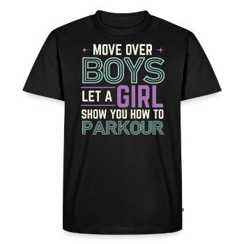 Déplacez-vous sur les garçons Laissez une fille vous montrer comment parkour - T-shirt Premium bio Homme - noir - Devant - Nico (187cm)
