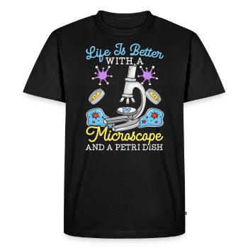 La vie est meilleure avec un microscope et une boîte de Pétri - T-shirt Premium bio Homme - noir - Devant - Nico (187cm)