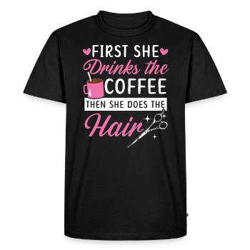 D’abord, elle boit le café, puis elle se coiffe - T-shirt Premium bio Homme - noir - Devant - Nico (187cm)