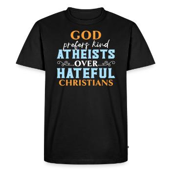 Dieu préfère les athées gentils aux chrétiens haineux - T-shirt Premium bio Homme - noir - Devant - Nico (187cm)