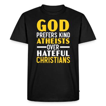 Dieu préfère les athées gentils aux chrétiens haineux - T-shirt Premium bio Homme - noir - Devant - Nico (187cm)
