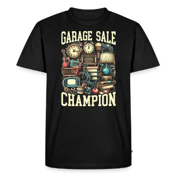 Vente de garage Dicton Shopping Friperie - T-shirt Premium bio Homme - noir - Devant - Nico (187cm)