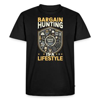 Vente de garage Dicton Shopping Friperie - T-shirt Premium bio Homme - noir - Devant - Nico (187cm)