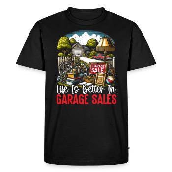Vente de garage Dicton Shopping Friperie - T-shirt Premium bio Homme - noir - Devant - Nico (187cm)