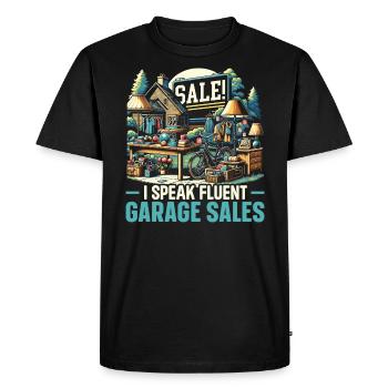Vente de garage Dicton Shopping Friperie - T-shirt Premium bio Homme - noir - Devant - Nico (187cm)
