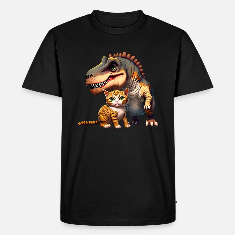 Katze schmust mit T-Rex - Männer Premium Bio T-Shirt - Schwarz