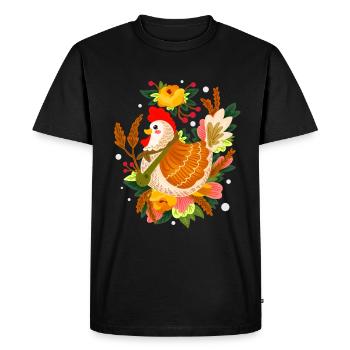 Une mère poule fait éclore des œufs d’élevage de poulets - T-shirt Premium bio Homme - noir - Devant - Nico (187cm)