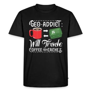 Geo-addict: Will trade coffee for caches. - Men's Premium Organic T-Shirt - black - Front - Nico (187cm)