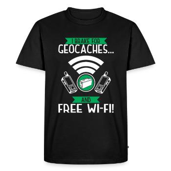 I brake for geocaches... and free Wi-Fi! - Men's Premium Organic T-Shirt - black - Front - Nico (187cm)