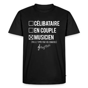 Célibataire en couple musicien humour métier - T-shirt Premium bio Homme - noir - Devant - Nico (187cm)