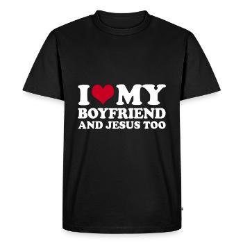 J’aime mon petit ami et Jésus aussi - T-shirt Premium bio Homme - noir - Devant - Nico (187cm)